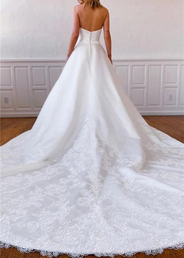 A-Line Strapless Satin Sweep Train Lace Appliques Wedding Dresses