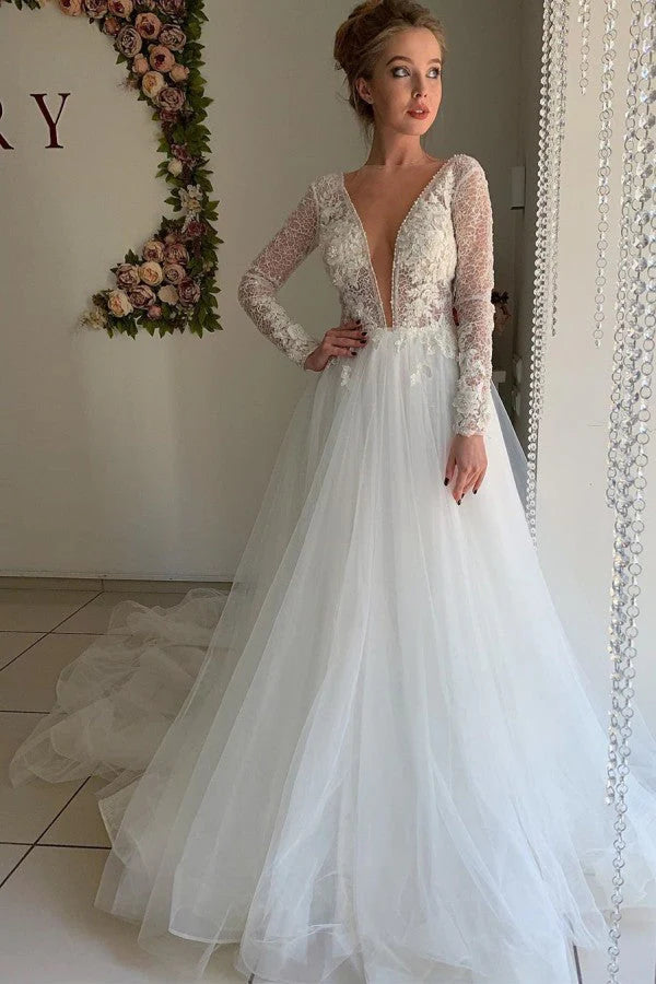 Dingji WeddingjiDress Luxurious Lace Long Sleeves Jewel Neck Layers A Line Wedding Dresses