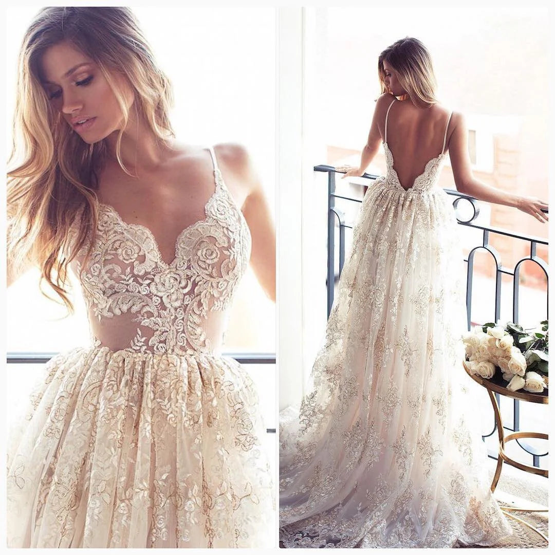 Lace Spaghetti Straps Backless Beach A Line Sexy Vintage Illusion Wedding Dresses