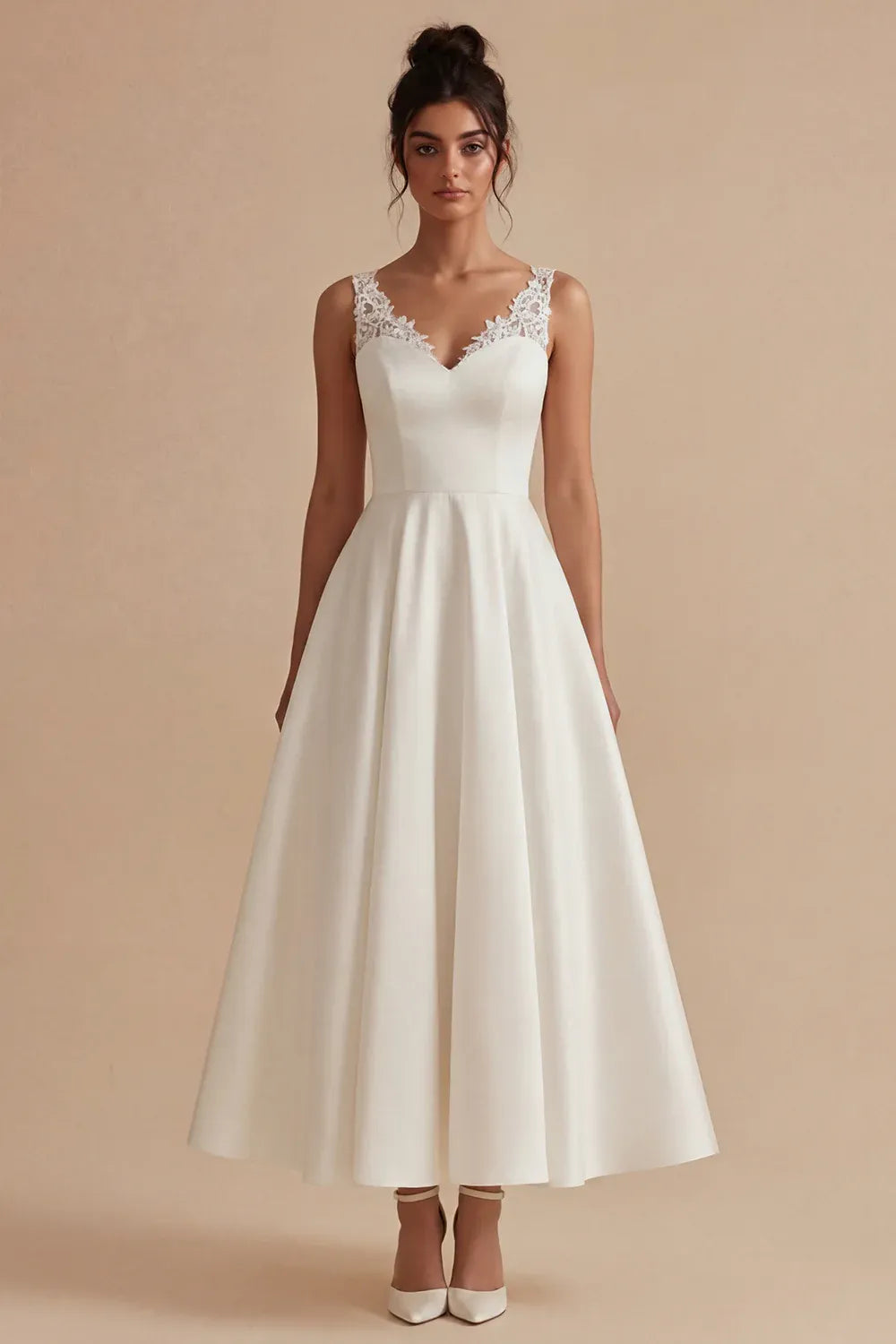 Vintage Lace-Trimmed Sweetheart Satin A-Line Midi Wedding Dress