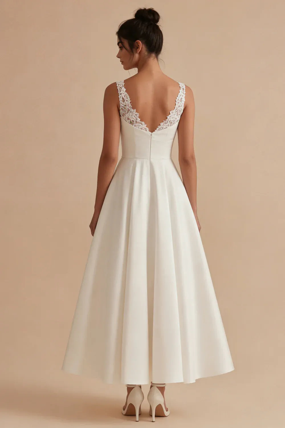 Vintage Lace-Trimmed Sweetheart Satin A-Line Midi Wedding Dress
