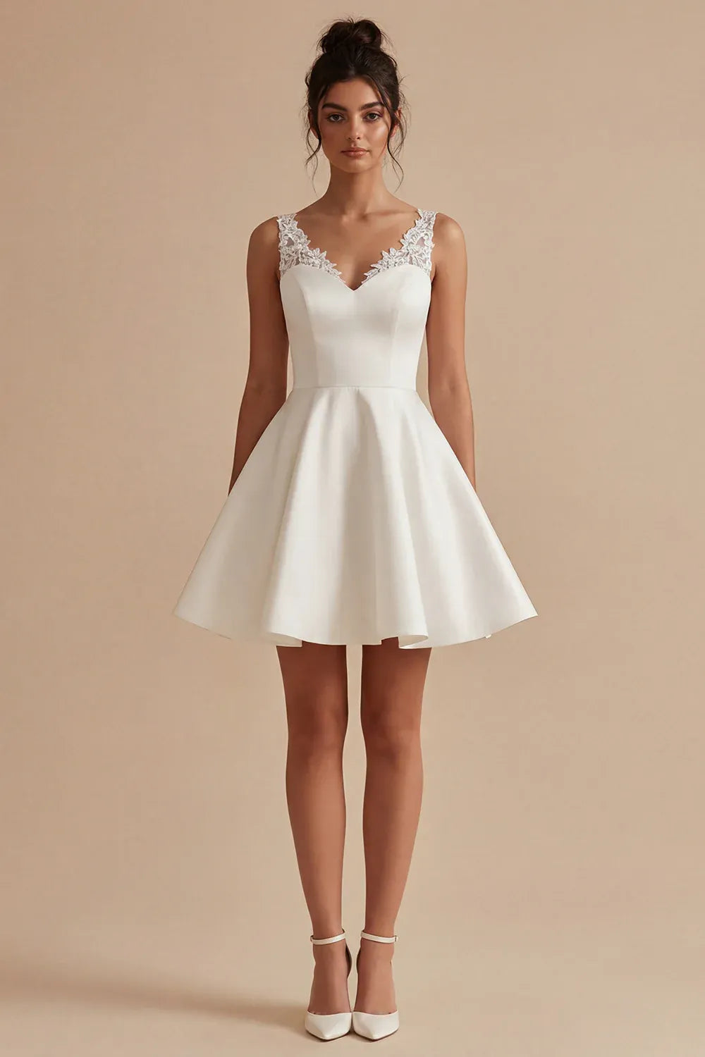 Lace-Trimmed Sweetheart Satin Fit-and-Flare Short Wedding Dress