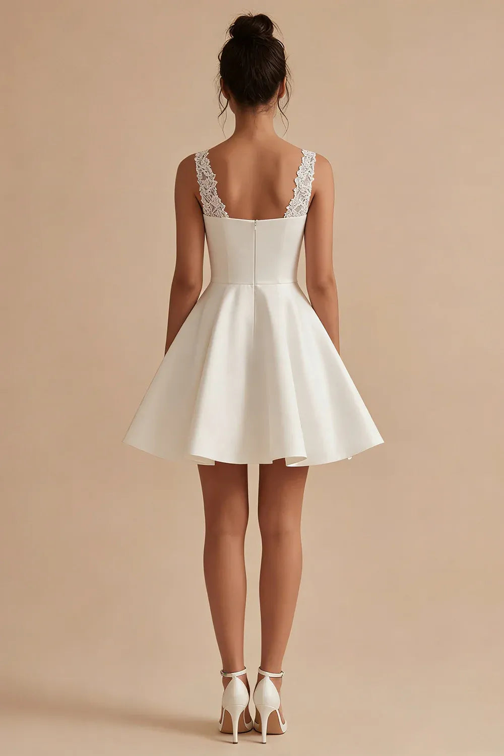 Lace-Trimmed Sweetheart Satin Fit-and-Flare Short Wedding Dress