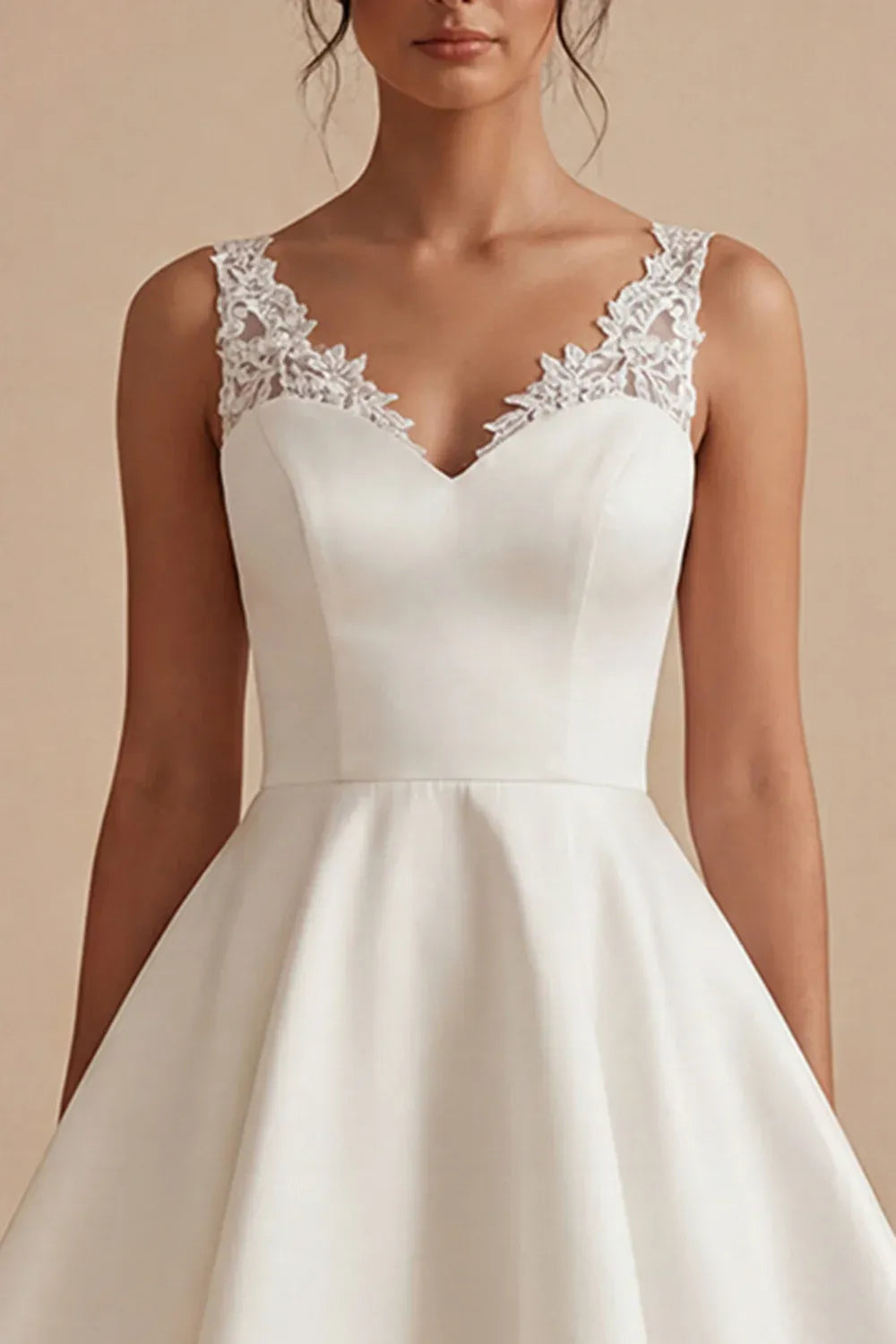 Lace-Trimmed Sweetheart Satin Fit-and-Flare Short Wedding Dress
