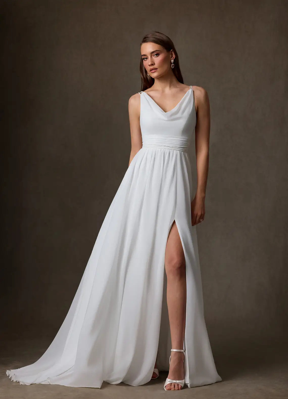 Lace-up Corset Back Closure Cowl Neck Chiffon A-Line Wedding Dress with Corset Back and Slit