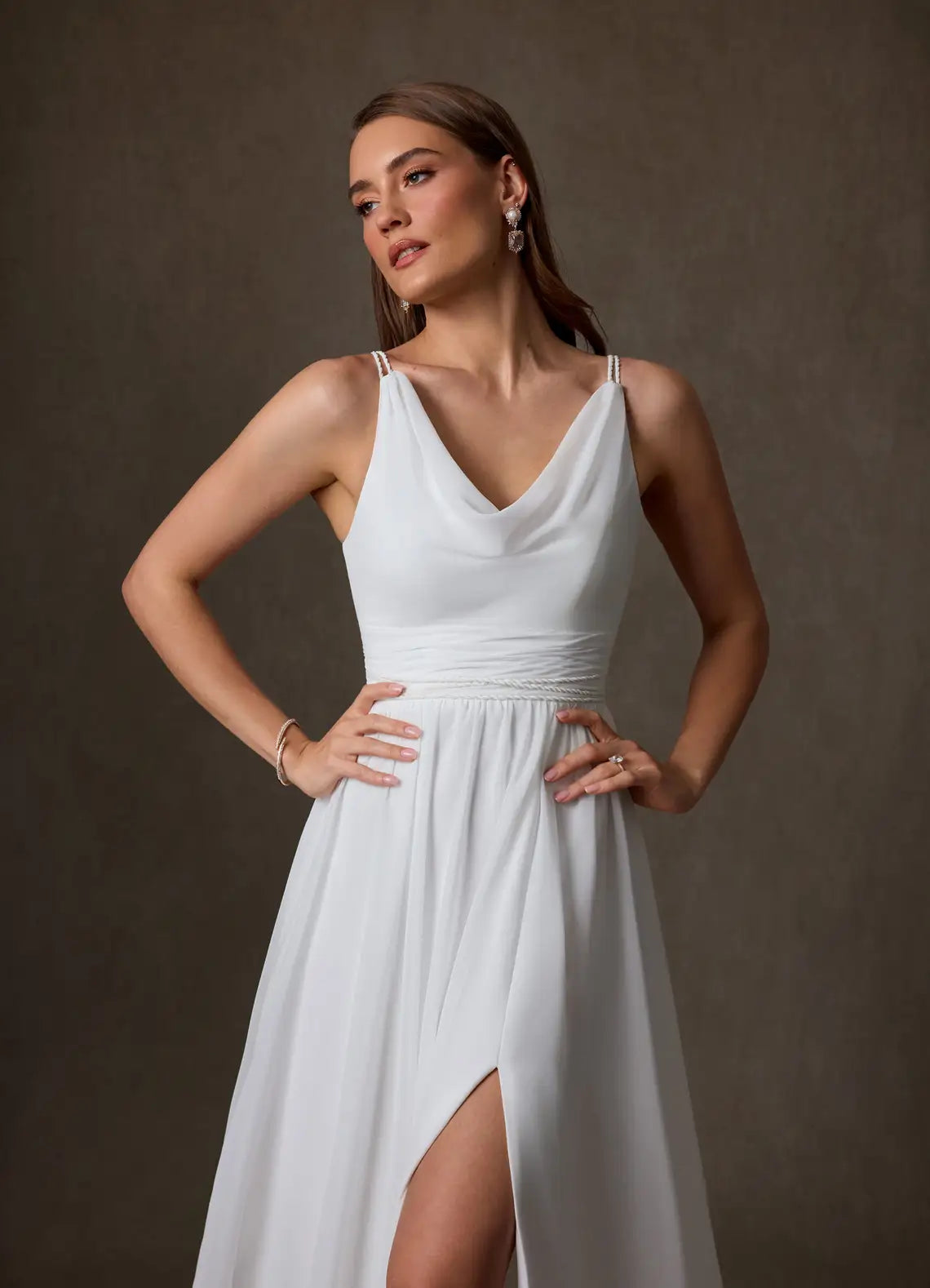 Lace-up Corset Back Closure Cowl Neck Chiffon A-Line Wedding Dress with Corset Back and Slit
