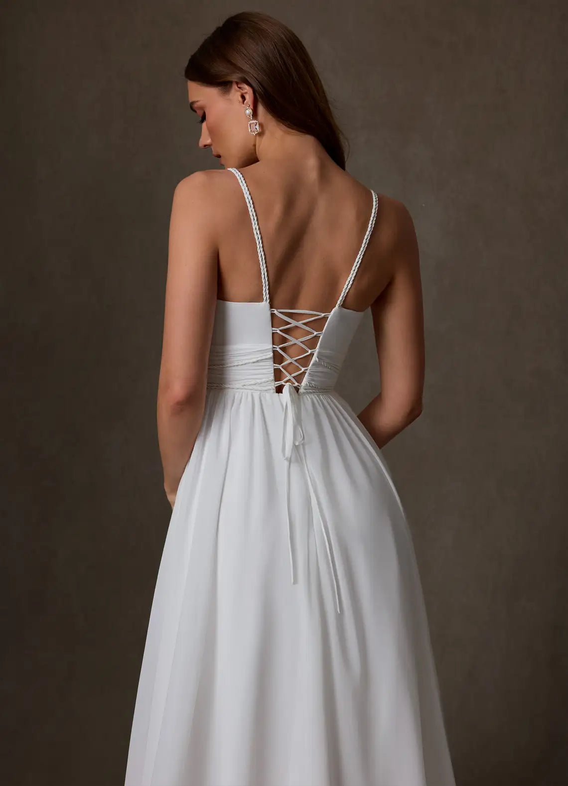 Lace-up Corset Back Closure Cowl Neck Chiffon A-Line Wedding Dress with Corset Back and Slit