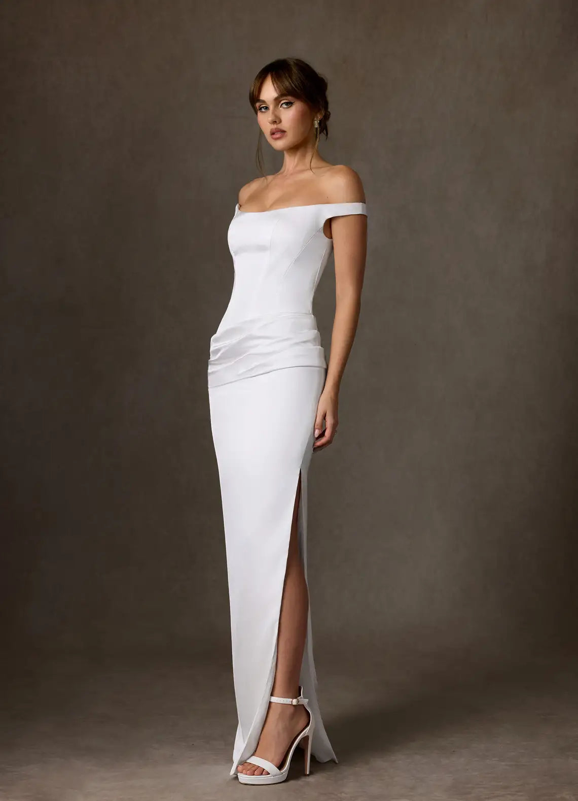 Lace-up corset back closure Off-the-Shoulder Ruched Crepe Mermaid Wedding Dress with Lace-Up Back