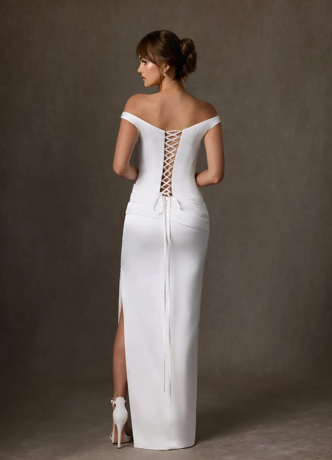 Lace-up corset back closure Off-the-Shoulder Ruched Crepe Mermaid Wedding Dress with Lace-Up Back