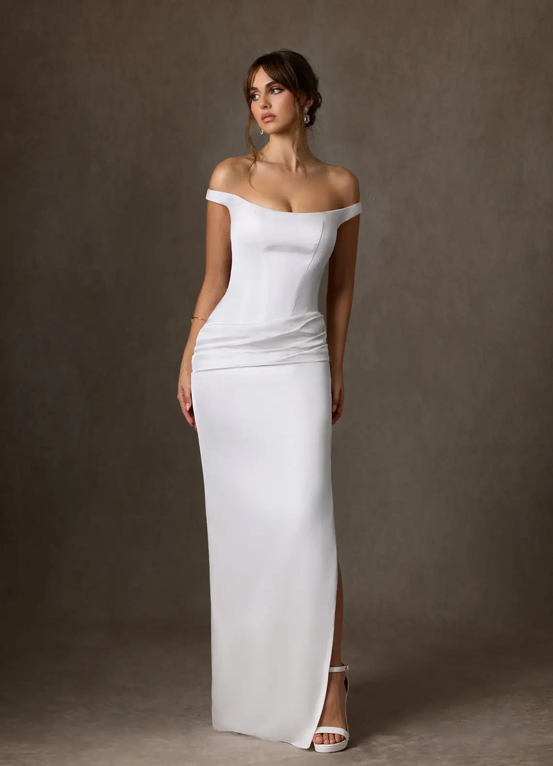Lace-up corset back closure Off-the-Shoulder Ruched Crepe Mermaid Wedding Dress with Lace-Up Back