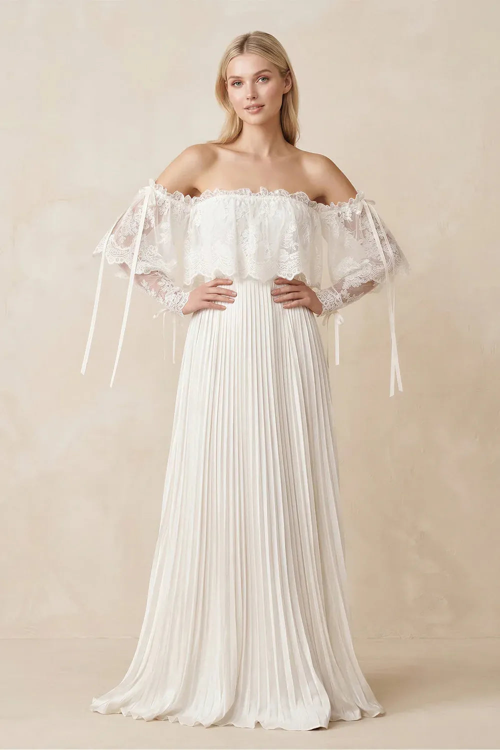 Lace-up corset back closure Two-Piece Off-the-Shoulder Lace & Pleated Wedding Dress