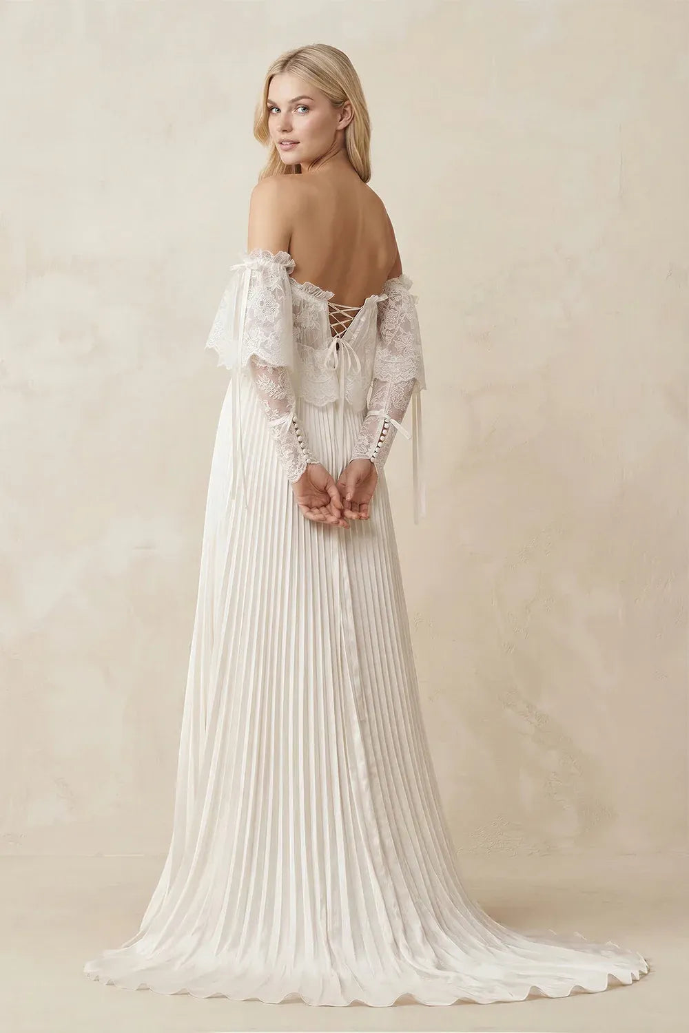 Lace-up corset back closure Two-Piece Off-the-Shoulder Lace & Pleated Wedding Dress