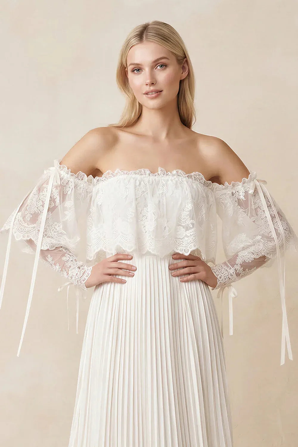 Lace-up corset back closure Two-Piece Off-the-Shoulder Lace & Pleated Wedding Dress