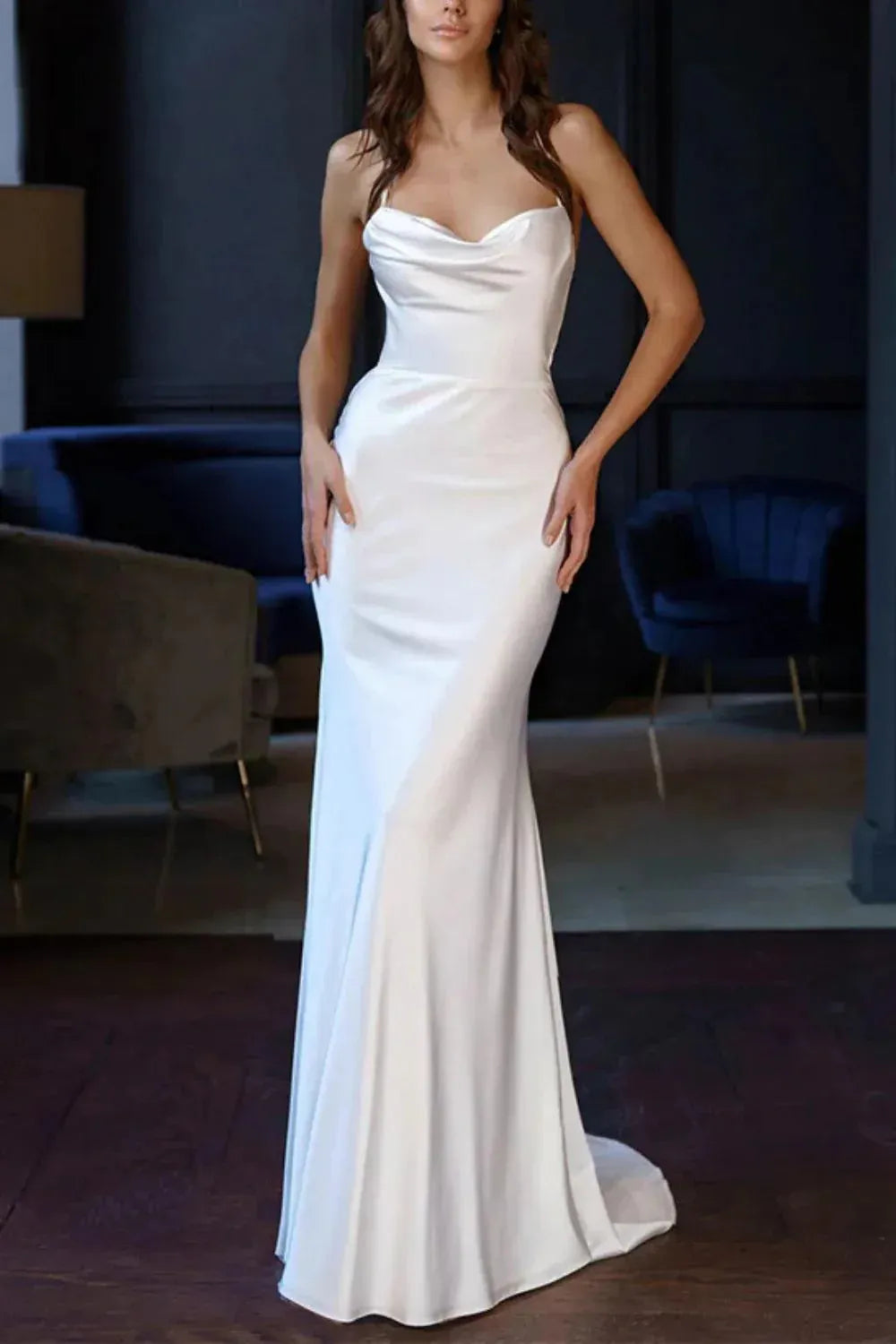 Lace-up crisscross back closure Cowl Neck Satin Mermaid Wedding Dress with Lace-Up Back