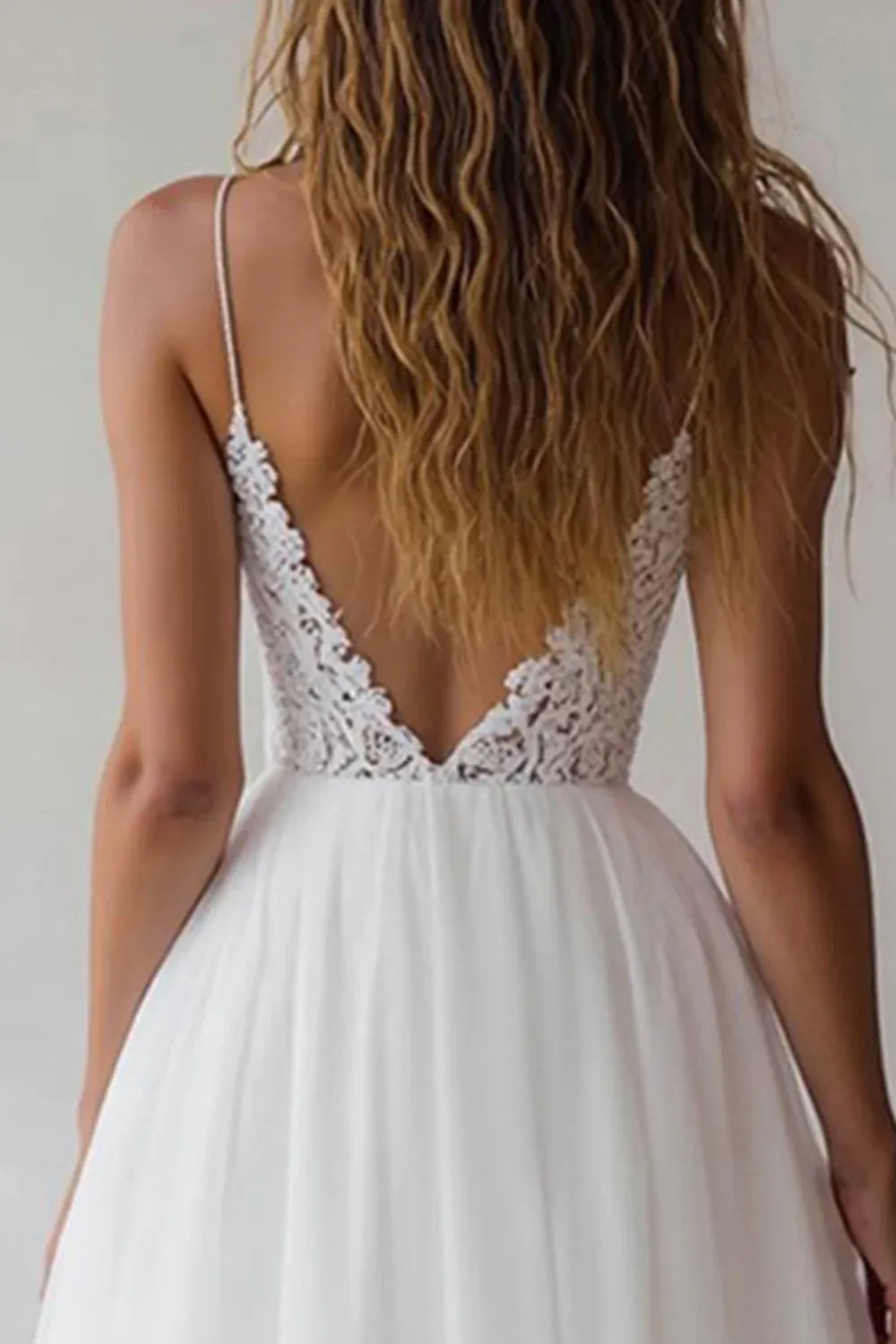 Lace Bodice Chiffon A-Line Wedding Dress with Spaghetti Straps and V-Back - Romantic Bridal Gown