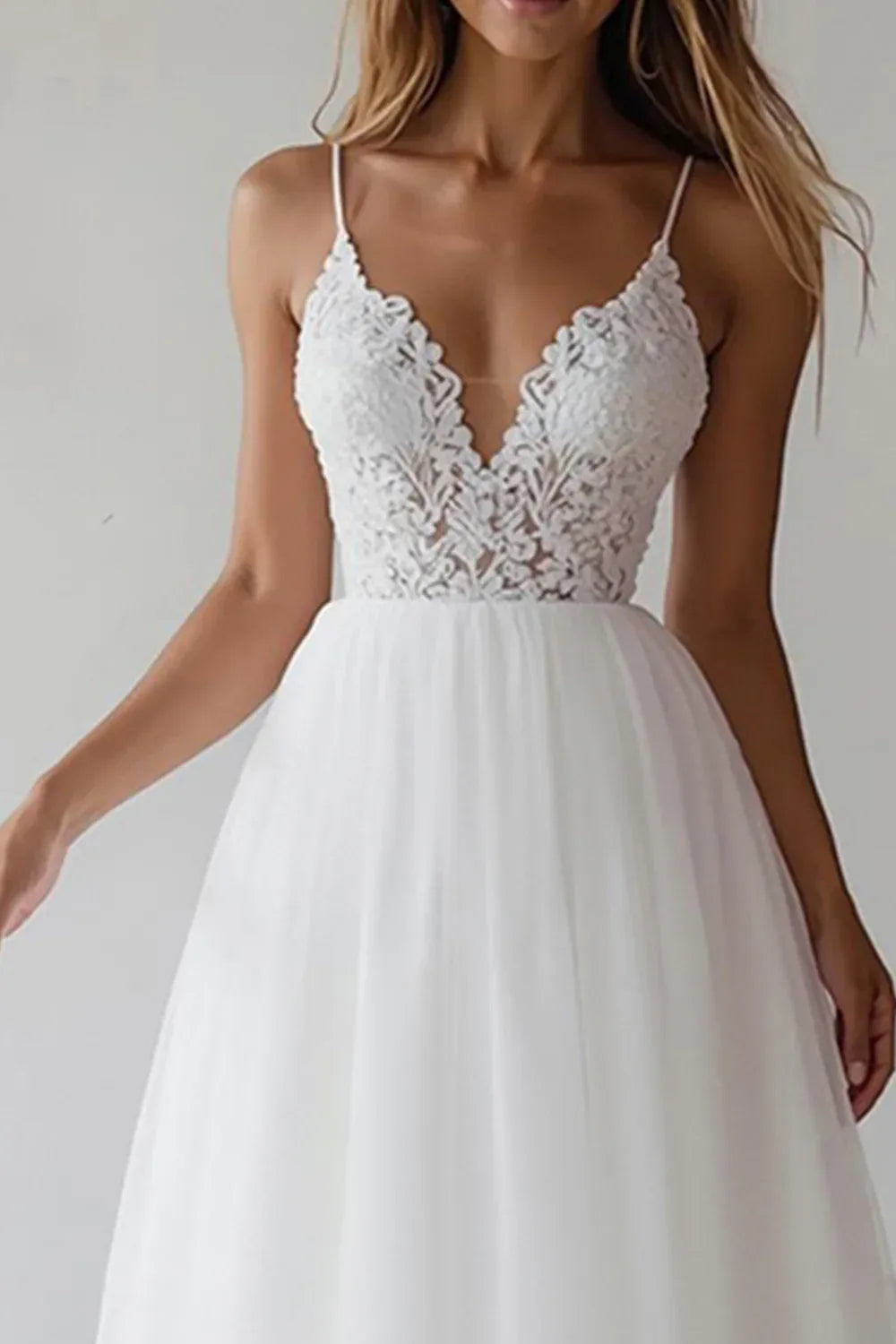 Lace Bodice Chiffon A-Line Wedding Dress with Spaghetti Straps and V-Back - Romantic Bridal Gown