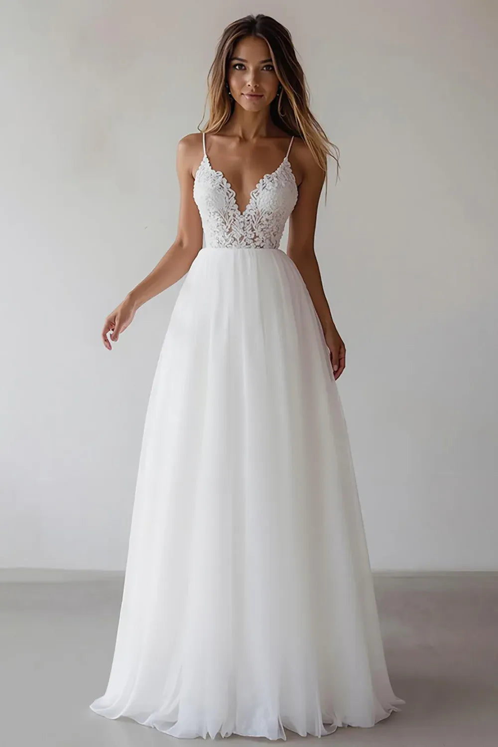 Lace Bodice Chiffon A-Line Wedding Dress with Spaghetti Straps and V-Back - Romantic Bridal Gown