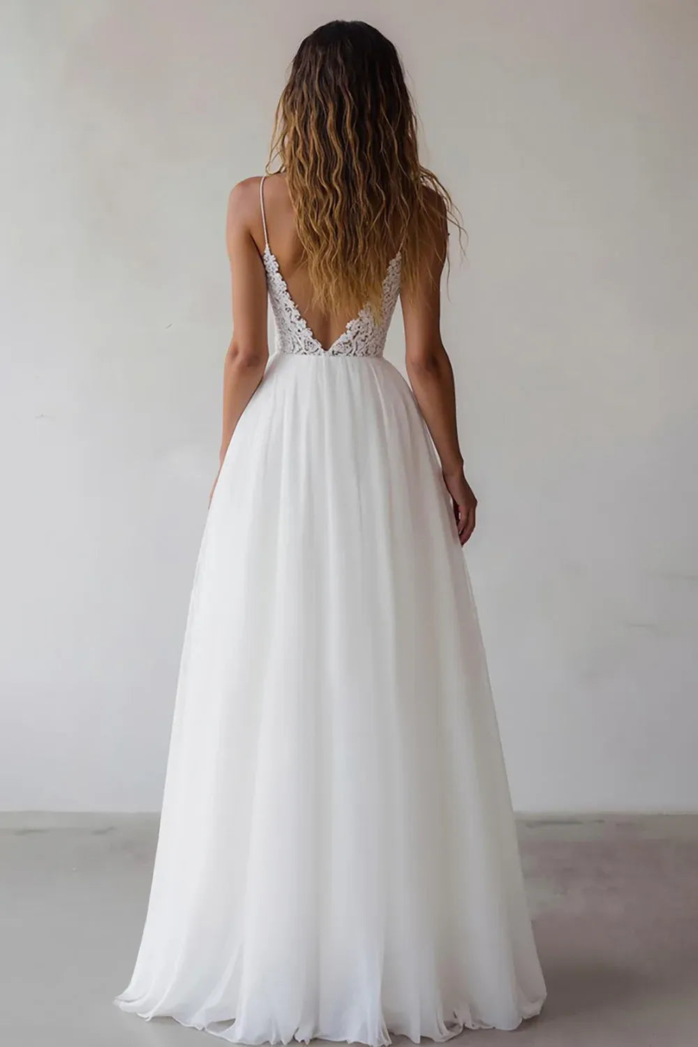 Lace Bodice Chiffon A-Line Wedding Dress with Spaghetti Straps and V-Back - Romantic Bridal Gown