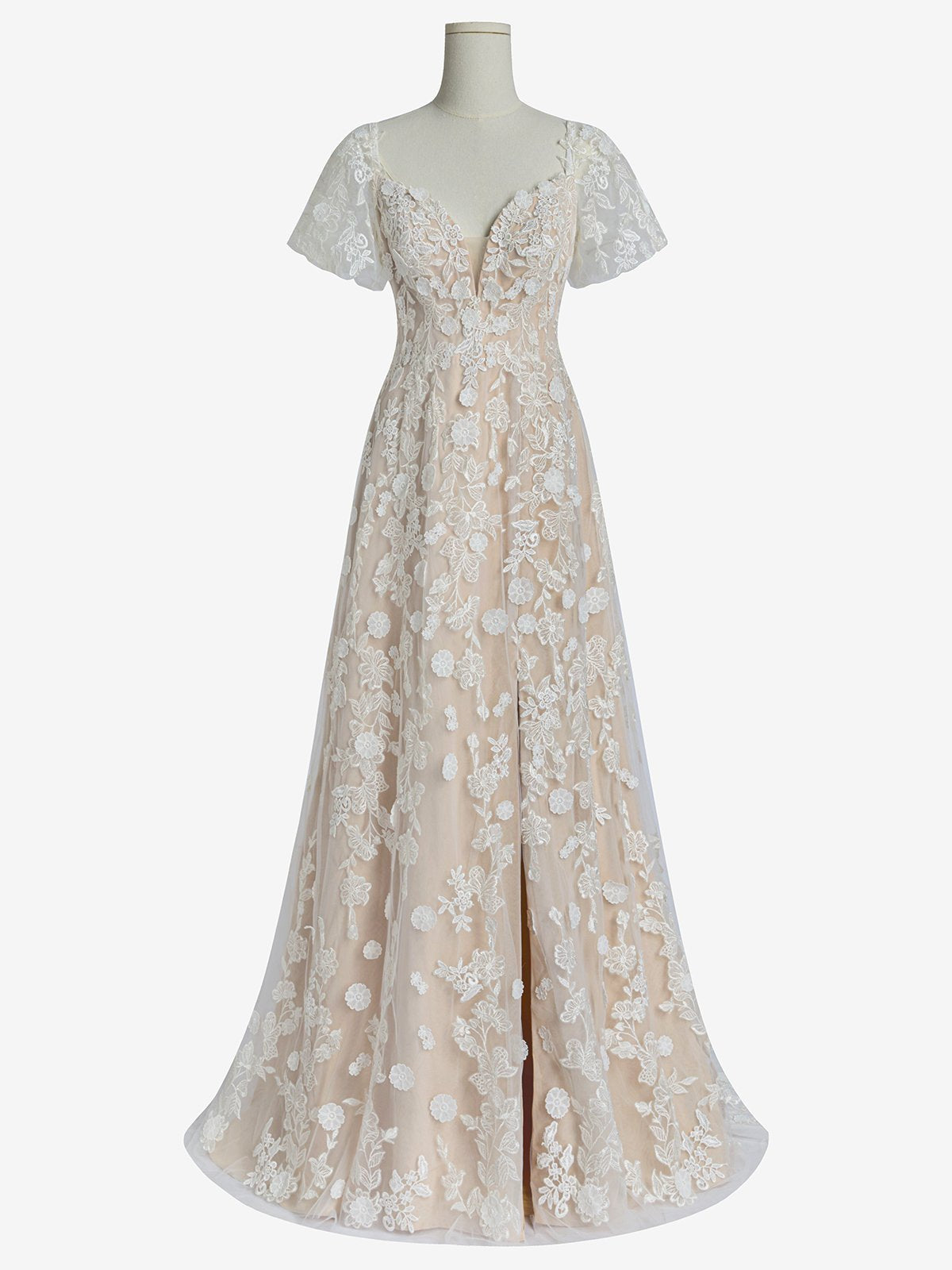 Lace Flutter Sleeve A-Line Wedding Dress with V-Neck & Train - Romantic Bridal Gown