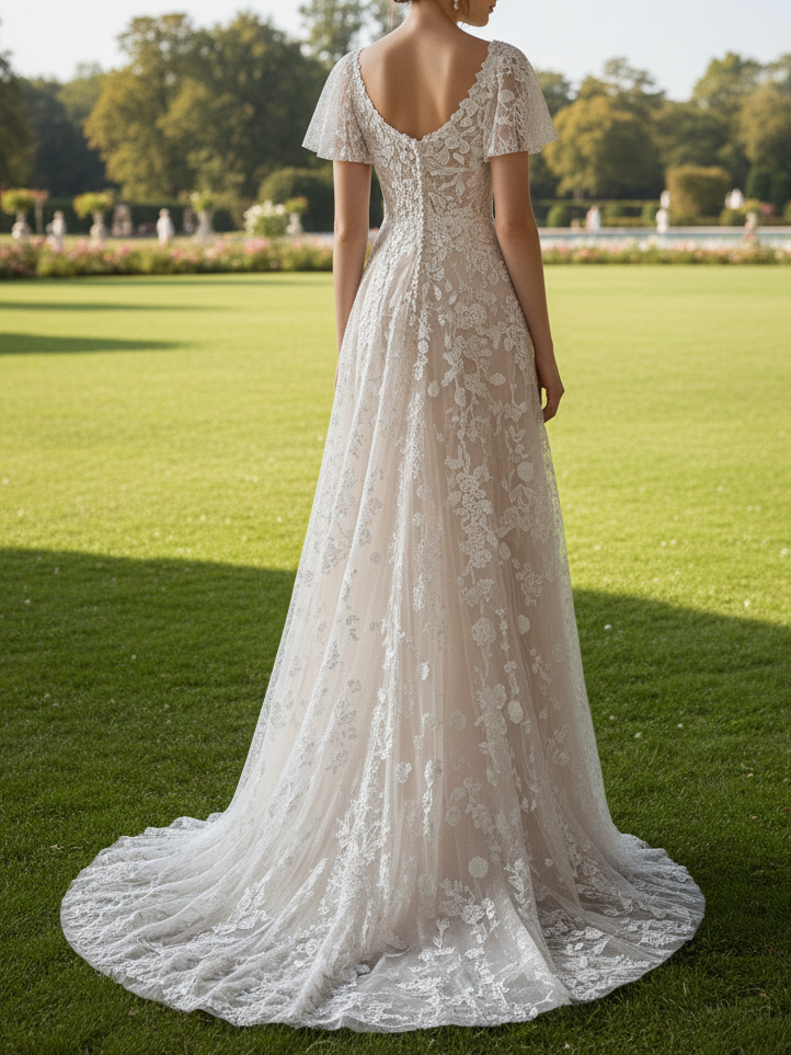 Lace Flutter Sleeve A-Line Wedding Dress with V-Neck & Train - Romantic Bridal Gown