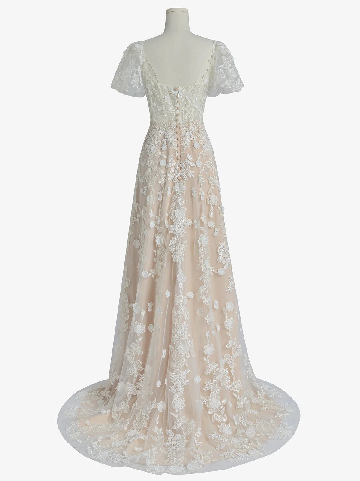 Lace Flutter Sleeve A-Line Wedding Dress with V-Neck & Train - Romantic Bridal Gown