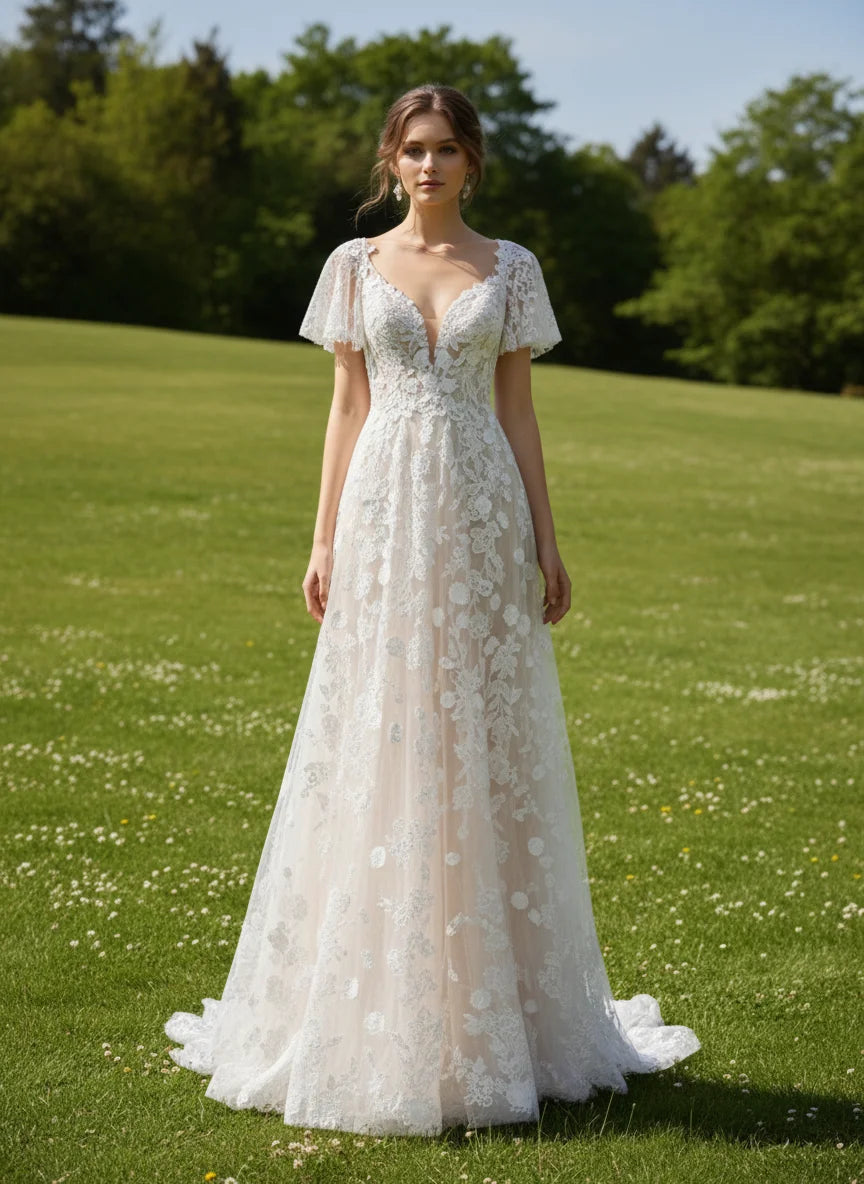 Lace Flutter Sleeve A-Line Wedding Dress with V-Neck & Train - Romantic Bridal Gown