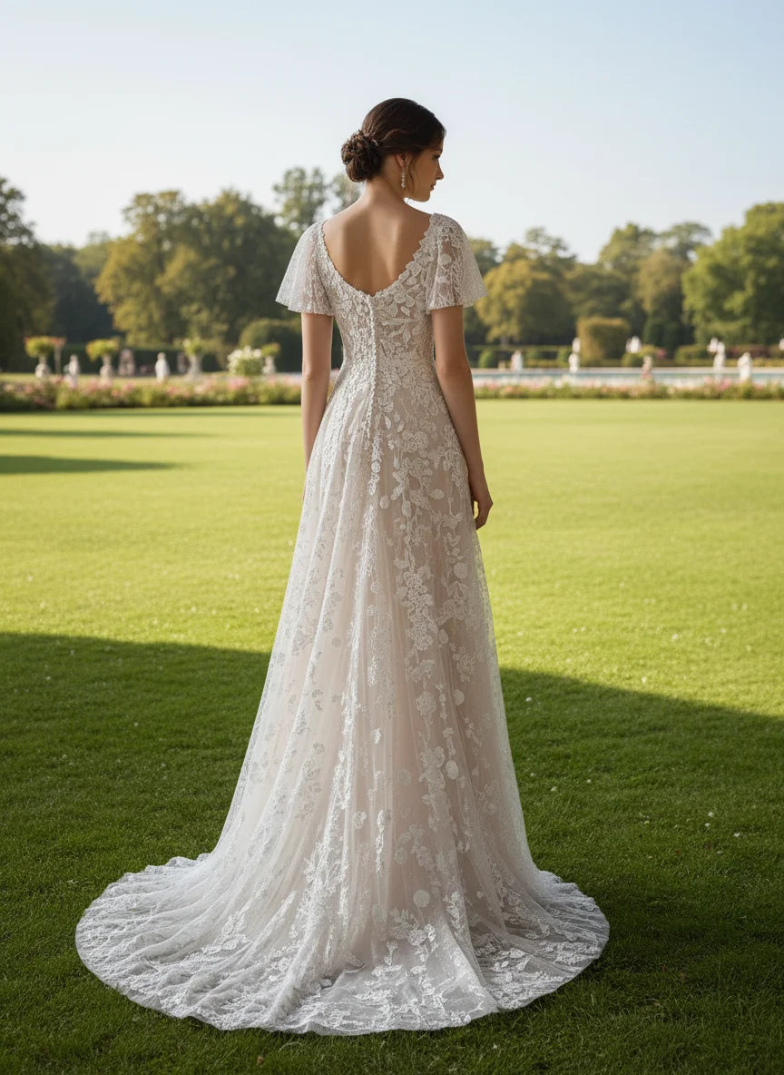 Lace Flutter Sleeve A-Line Wedding Dress with V-Neck & Train - Romantic Bridal Gown
