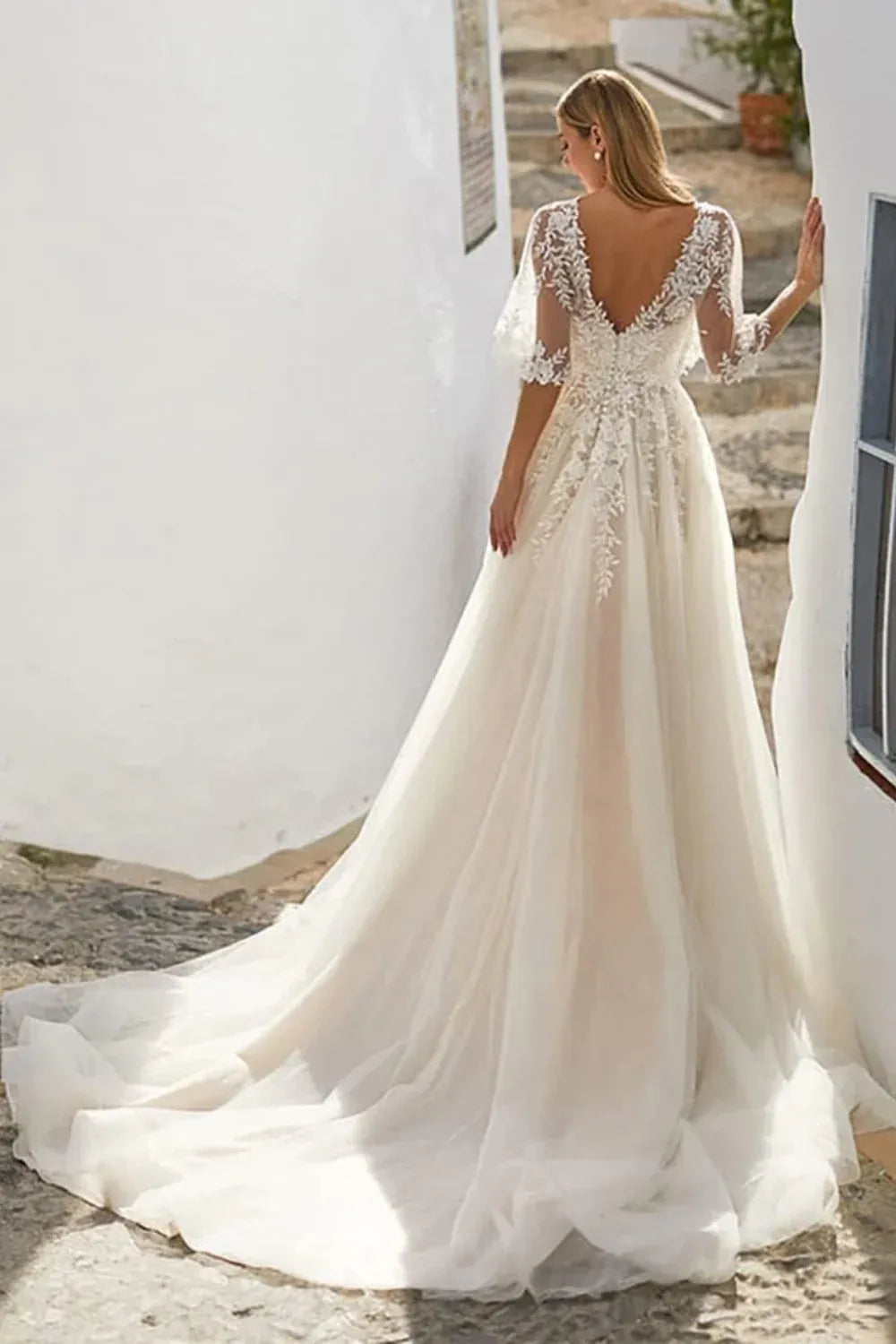 Lace Tulle A-Line Wedding Dress with Sheer Three-Quarter Sleeves & V-Back - Bohemian Bridal Gown