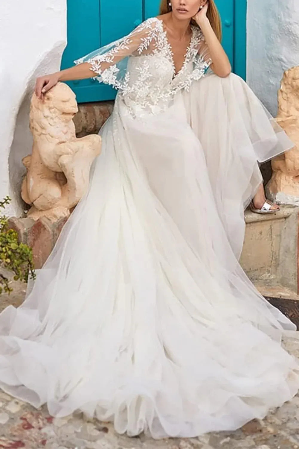 Lace Tulle A-Line Wedding Dress with Sheer Three-Quarter Sleeves & V-Back - Bohemian Bridal Gown