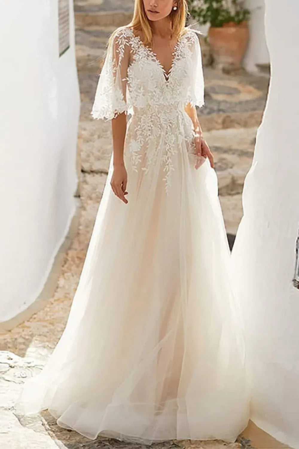 Lace Tulle A-Line Wedding Dress with Sheer Three-Quarter Sleeves & V-Back - Bohemian Bridal Gown
