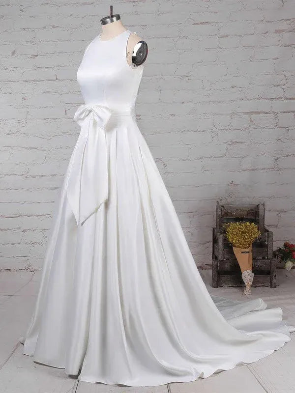Large Statement Bow At the Waist Halter Neck Satin A-Line Wedding Dress with Waist Bow