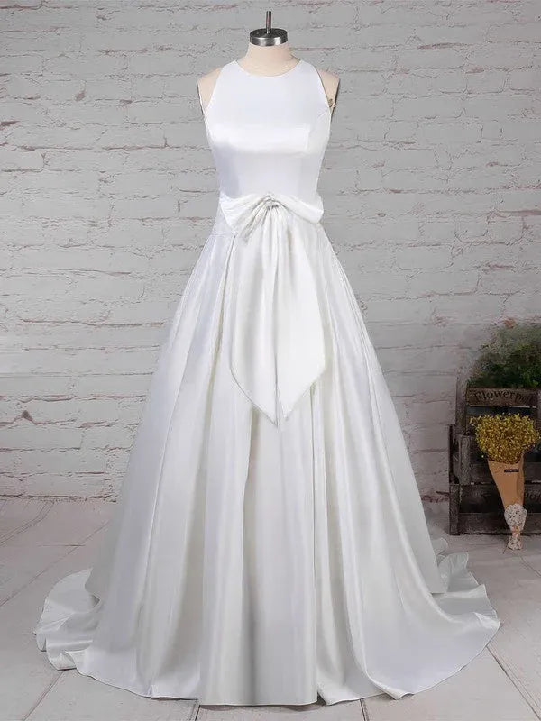 Large Statement Bow At the Waist Halter Neck Satin A-Line Wedding Dress with Waist Bow