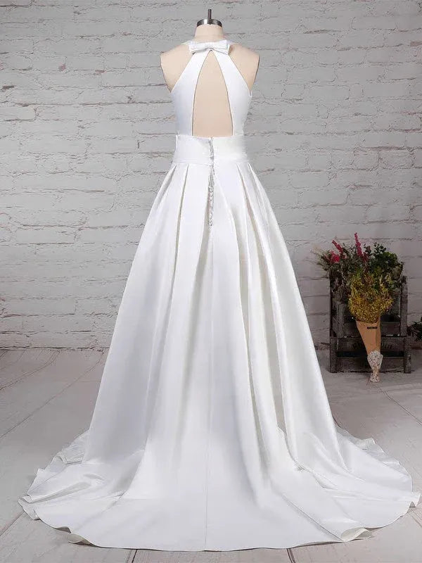 Large Statement Bow At the Waist Halter Neck Satin A-Line Wedding Dress with Waist Bow