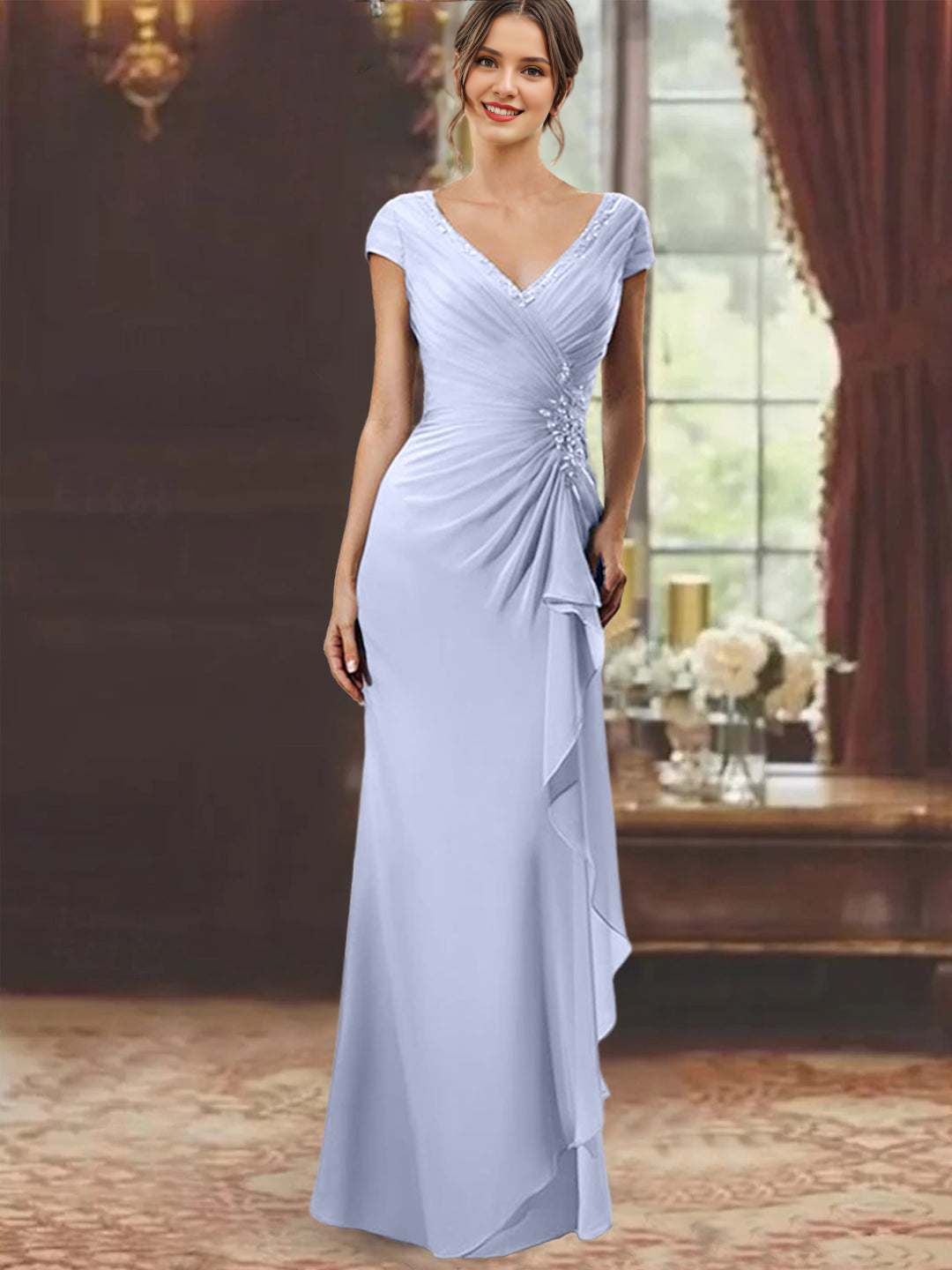 Sheath/Column V-Neck Floor-Length Mother Of The Bride Dresses With Short Sleeves