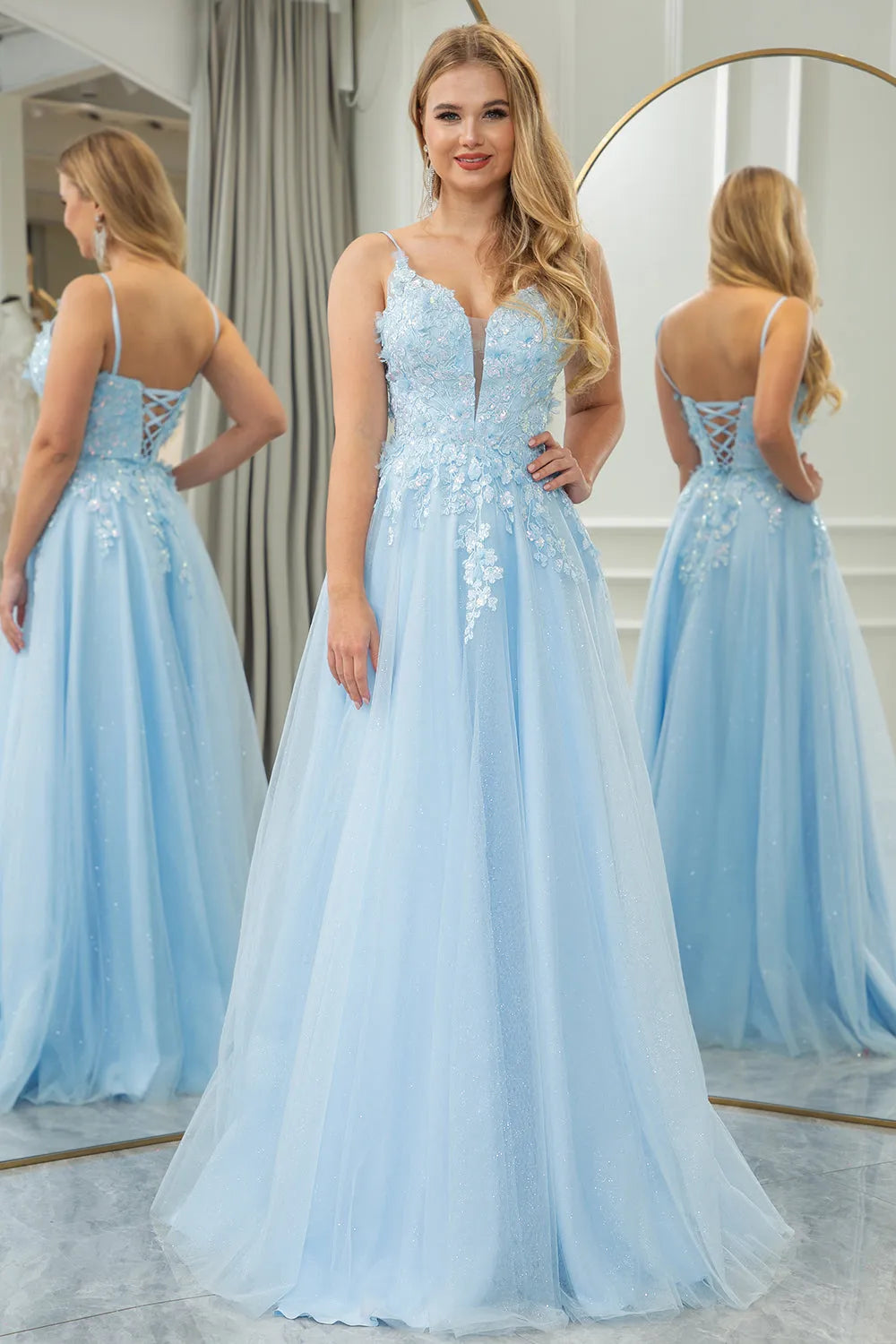 A Line Lace Up Tulle Long Prom Dress With Appliques