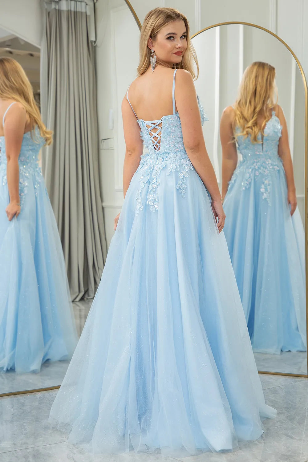 A Line Lace Up Tulle Long Prom Dress With Appliques