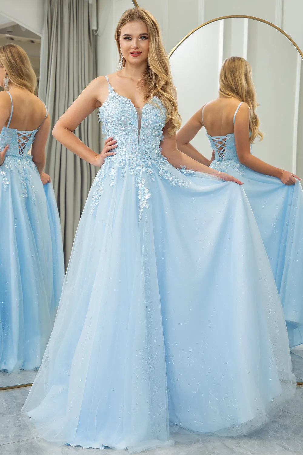 A Line Lace Up Tulle Long Prom Dress With Appliques