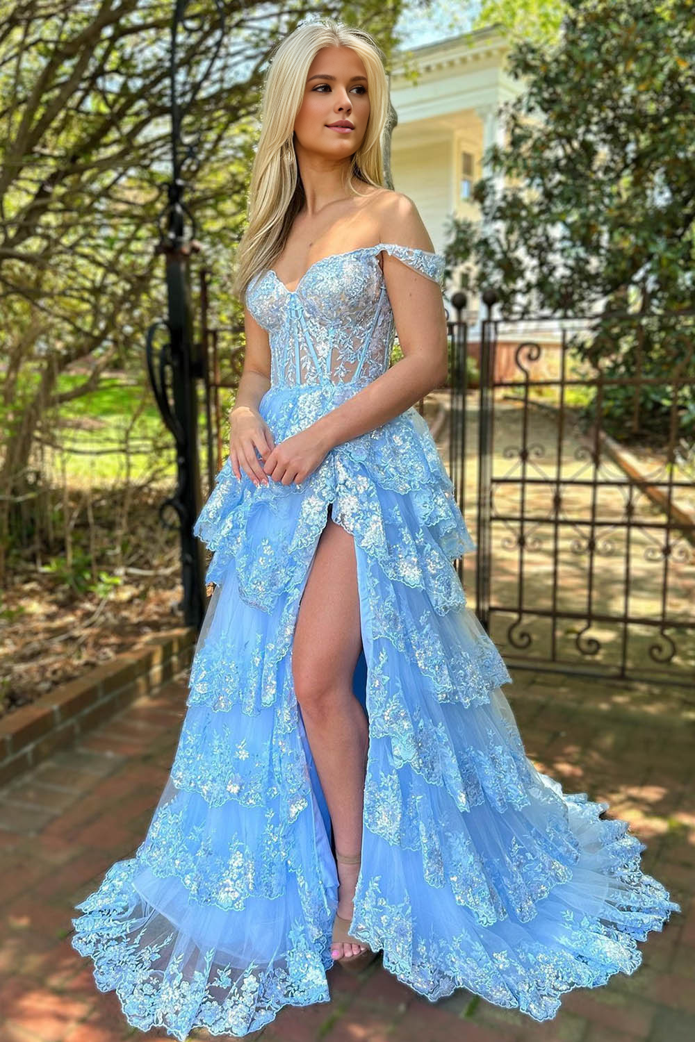 A-Line Off The Shoulder Tiered Prom Dress With Split