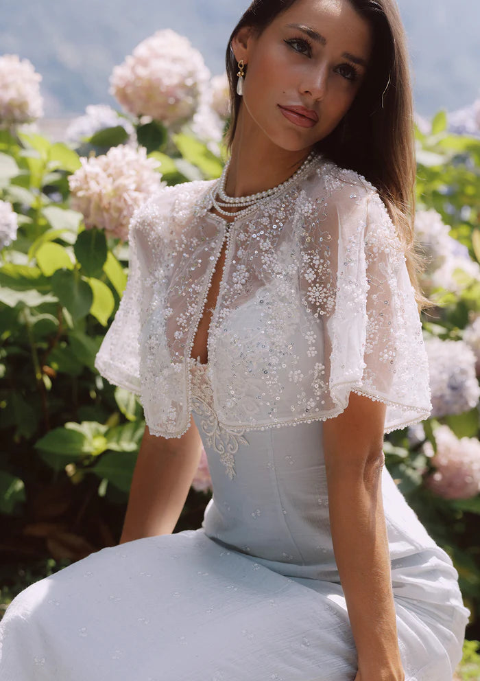 Light Blue Midi Dresses with Lace Embroidery Bodice Thin Straps and Detachable Beaded Tulle Cape