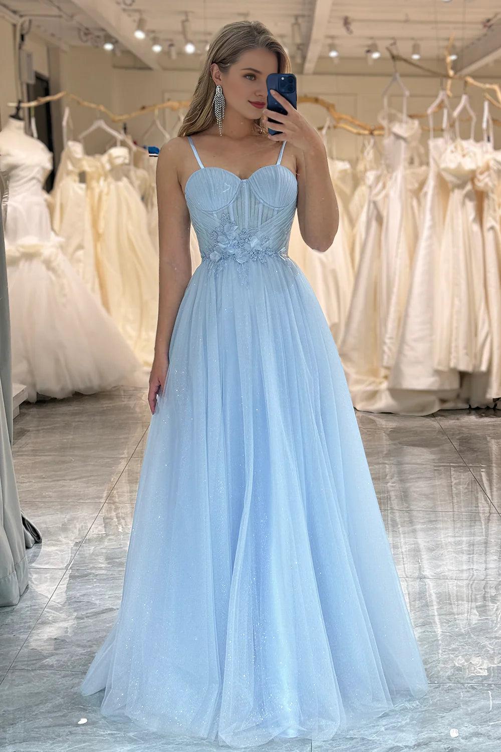 A Line Spaghetti Straps Lace Up Tulle Long Prom Dress