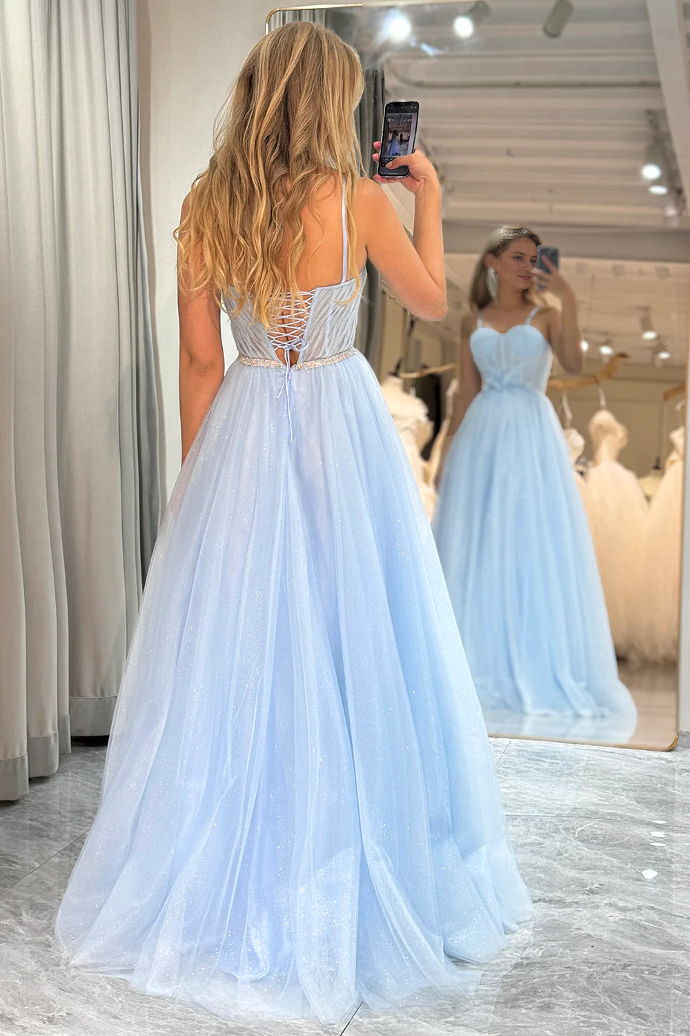 A Line Spaghetti Straps Lace Up Tulle Long Prom Dress
