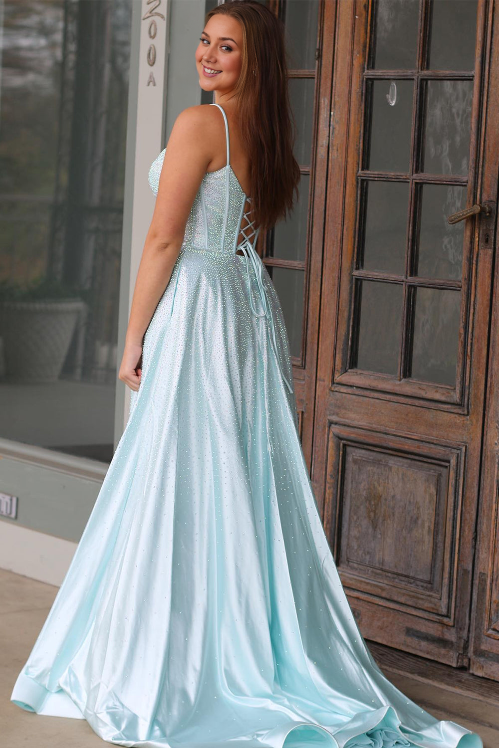 A-Line Spaghetti Straps Long Beaded Prom Dress with Slit