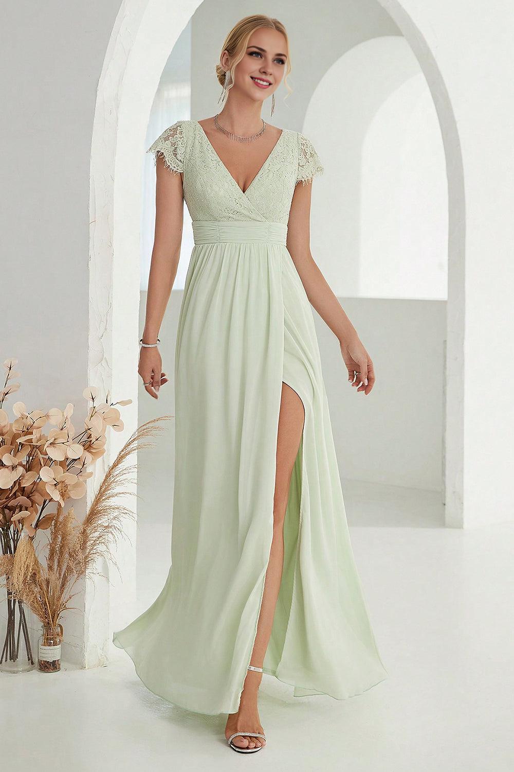 A-Line V Neck Light Green Mother of the Bride Dresses with Lace