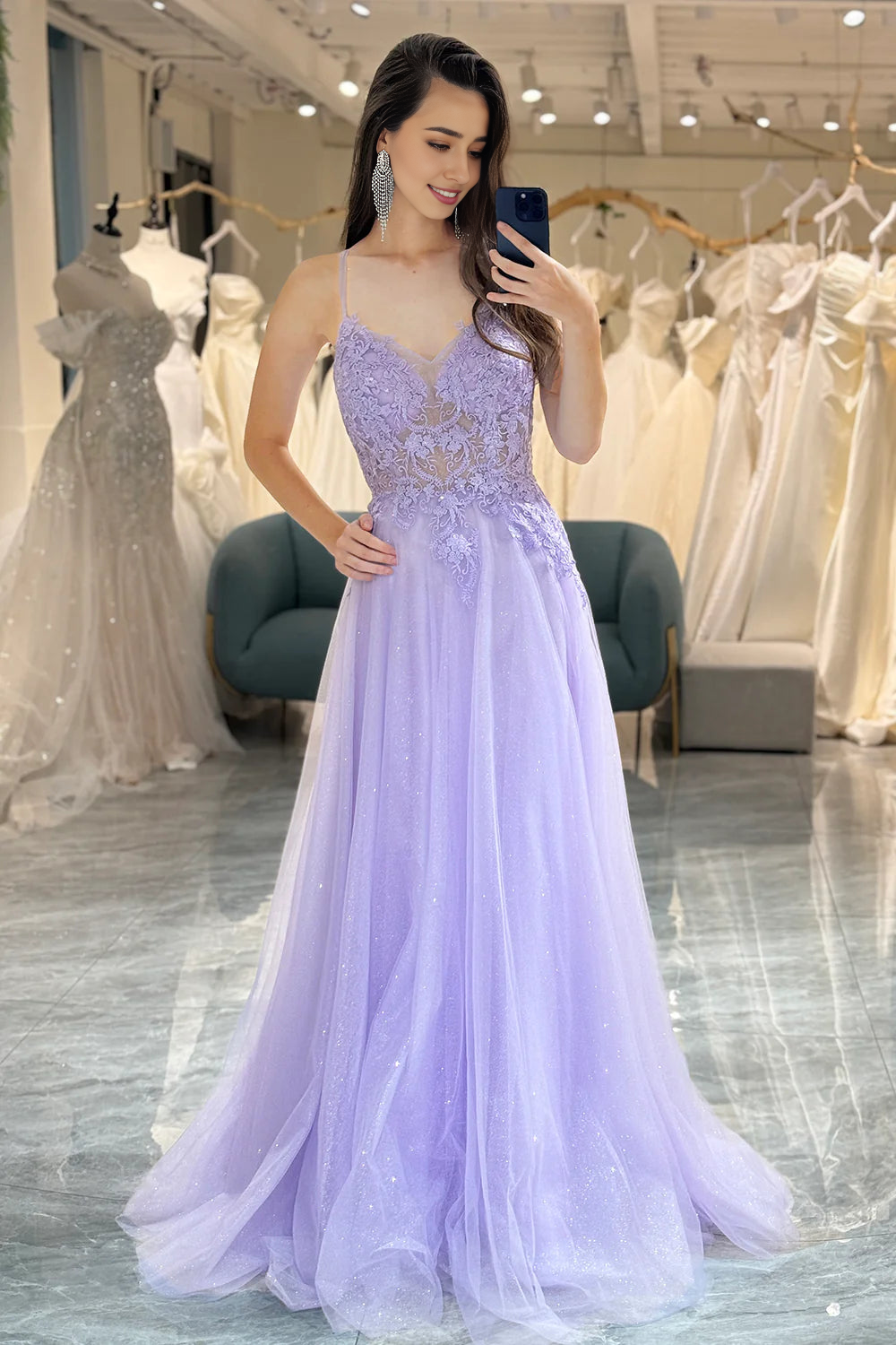 Light Purple Spaghetti Straps Long Prom Dress With Appliques