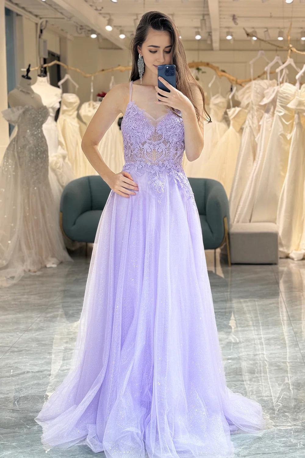 Light Purple Spaghetti Straps Long Prom Dress With Appliques