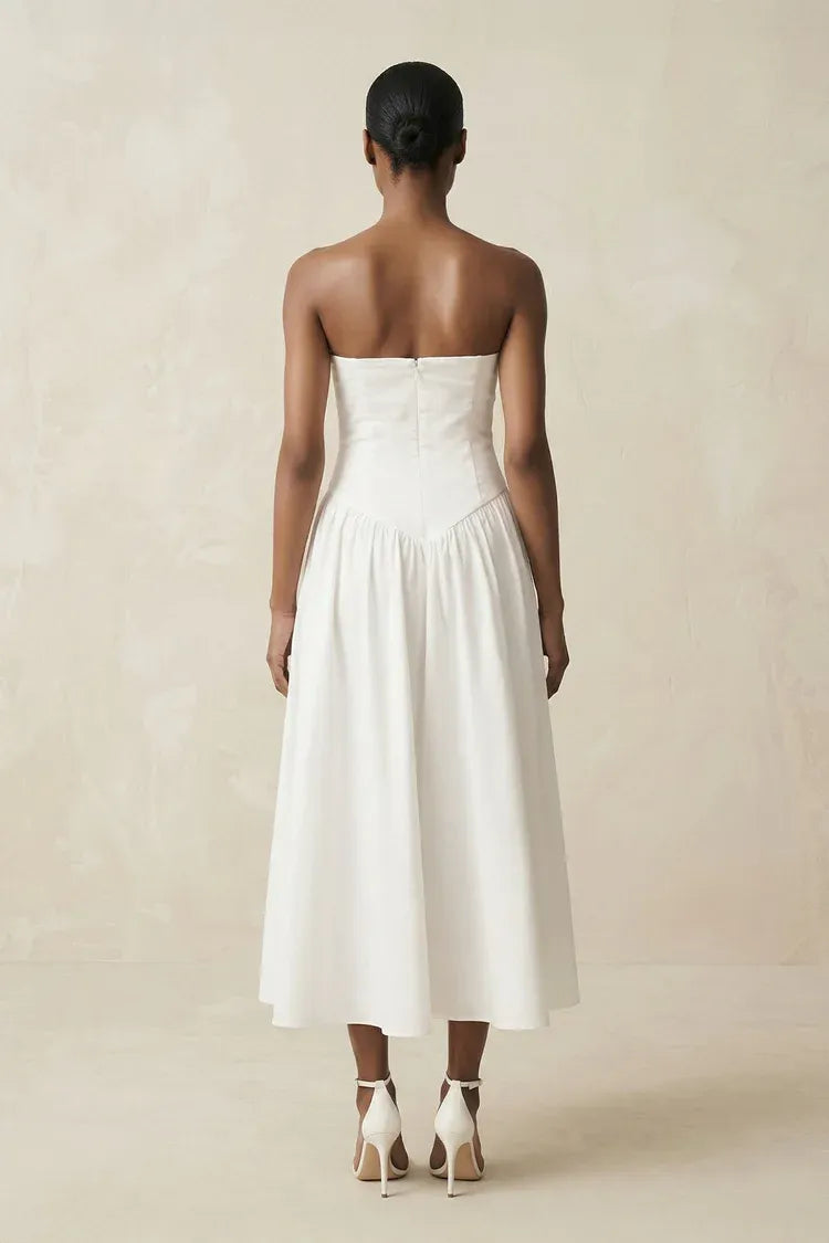 Lightweight Structured Fabric Construction Strapless Scalloped Neck Midi Wedding Dress with Corset Bodice