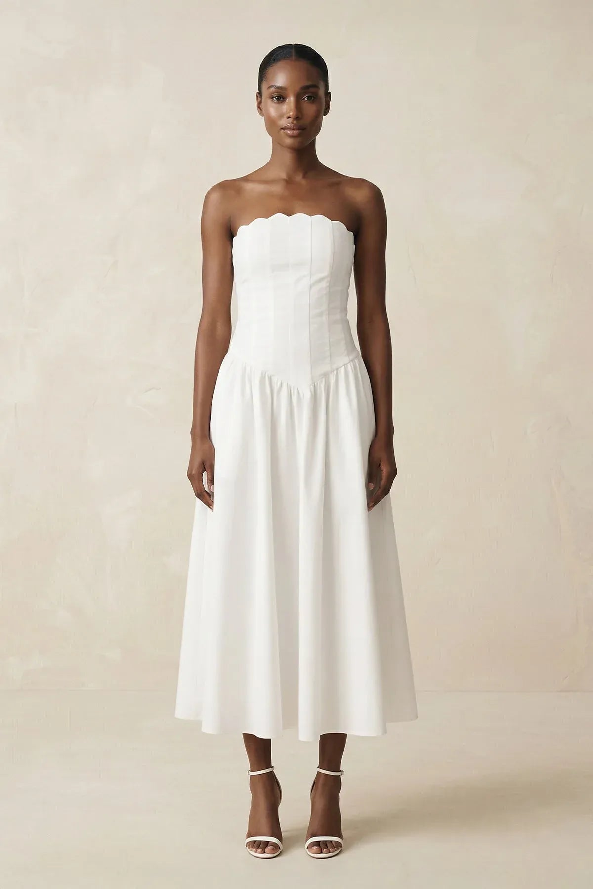 Lightweight Structured Fabric Construction Strapless Scalloped Neck Midi Wedding Dress with Corset Bodice