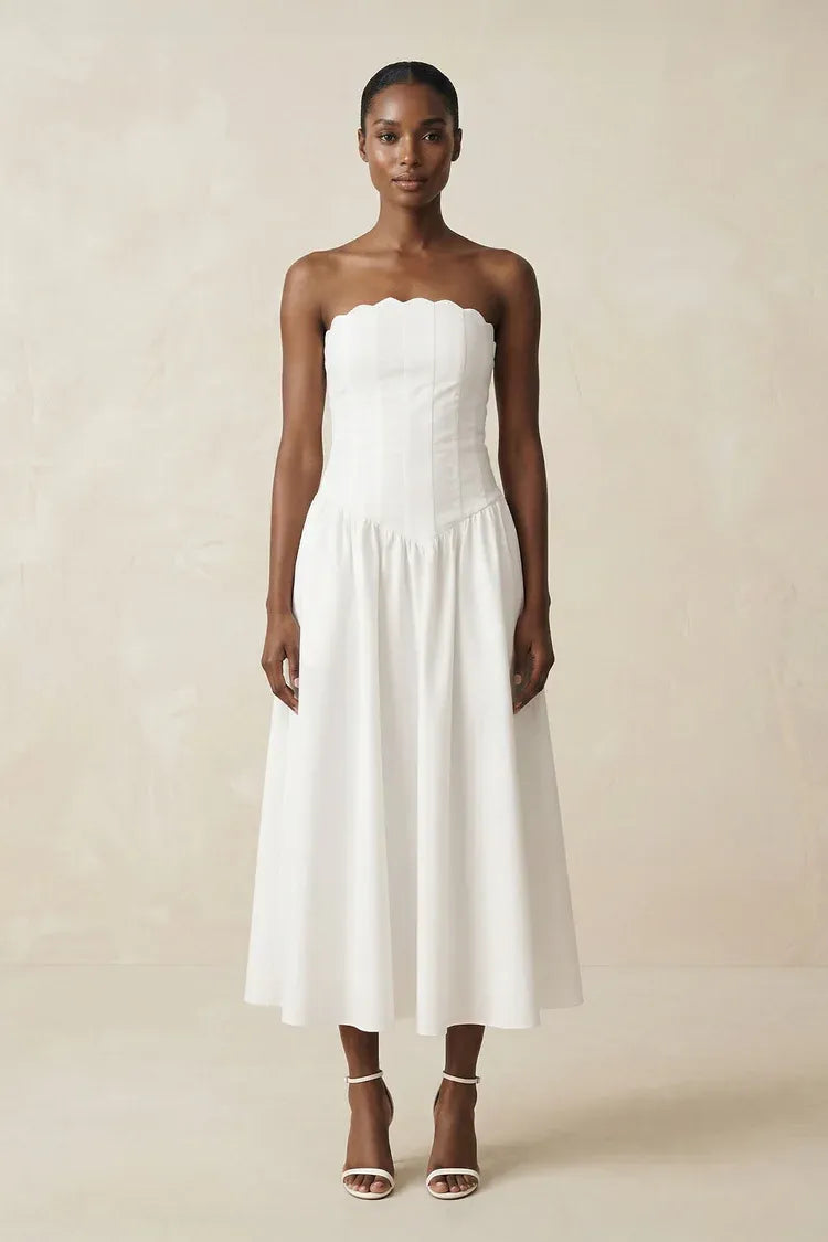Lightweight Structured Fabric Construction Strapless Scalloped Neck Midi Wedding Dress with Corset Bodice