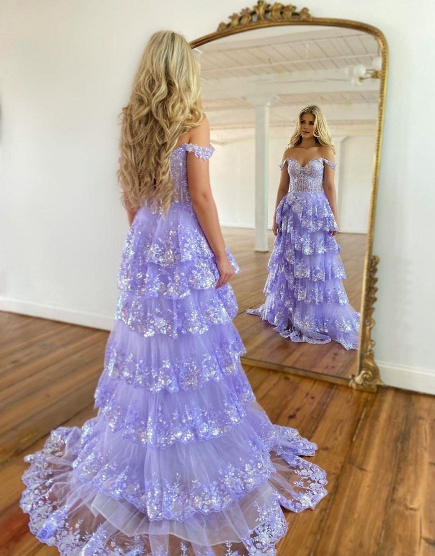 A-Line Off The Shoulder Tiered Prom Dress With Split