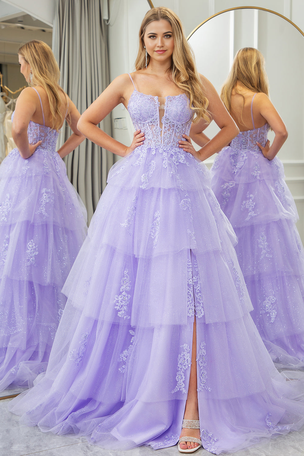 A Line Long Tiered Tulle Prom Dress With Slit And Appliques